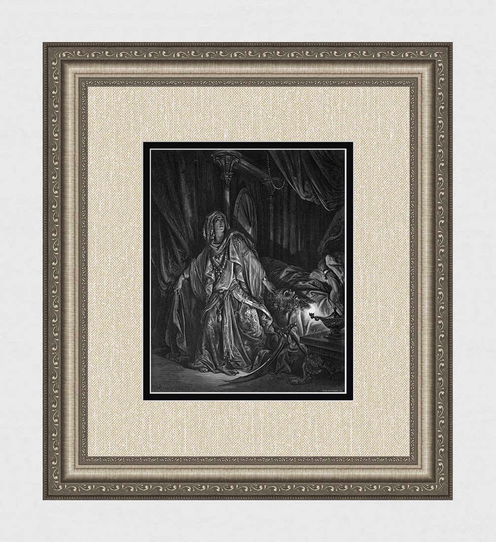 FRAMED 1800s Gustave DORE Religious Woodcut Judith & Holofernes SIGNED: Gustave Dore (Paul Gustave Louis Christophe Dore) (French, 1832-1883). Judith and Holofernes (from Dore's Bible). Antique woodcut wove paper after the original by a master wood engraver Adolphe Franco