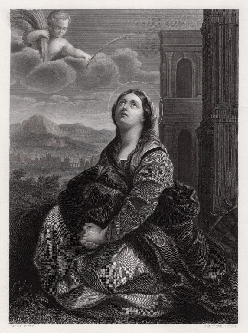 1800s Guido Reni Antique Engraving SAINT CATHERINE Framed SIGNED: Guido Reni (Italian, 1575-1642). St. Catherine. Antique engraving on wove paper after the original by master engraver Jean Marie Saint-Ève (French, 1810-1856). Year: 1856. Signed in the plate. Image