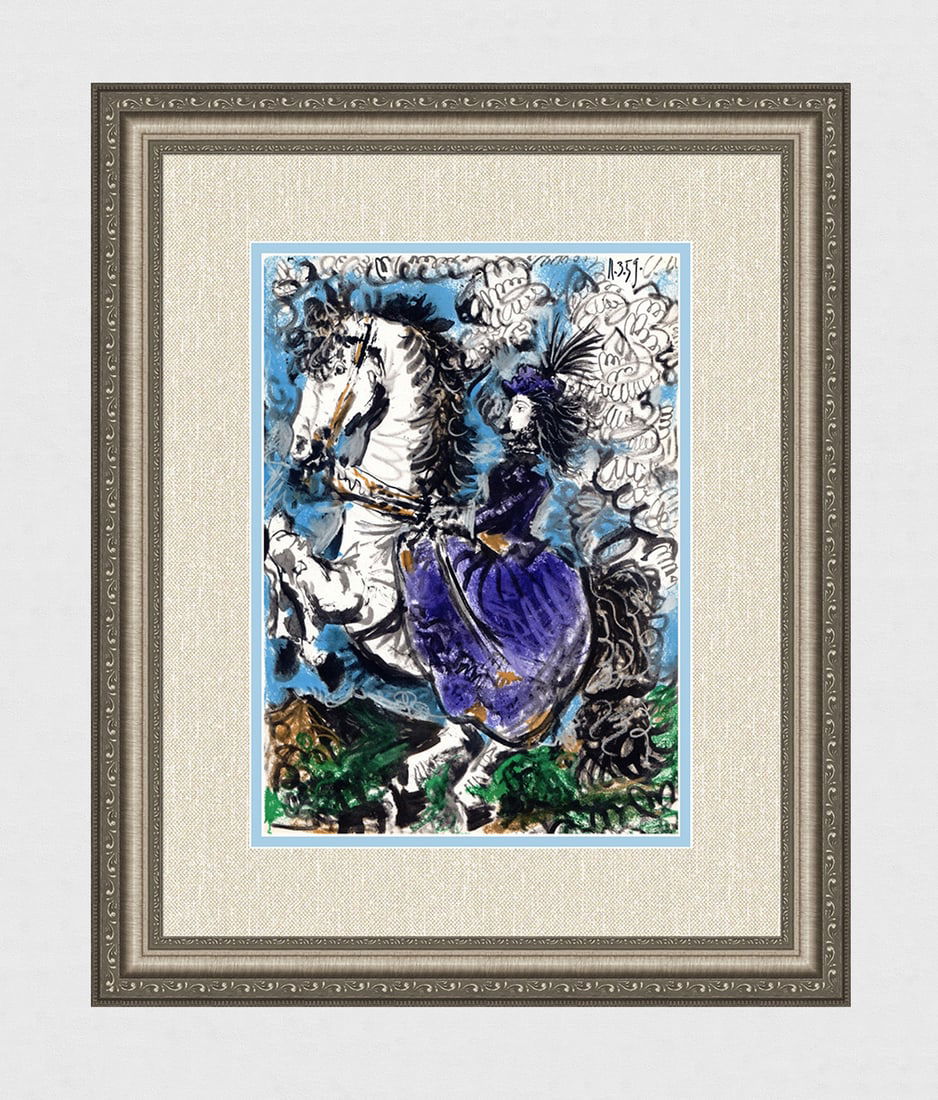1961 PABLO PICASSO Color "Woman in Purple on White Horse" Lithograph FRAMED: Pablo Picasso (1881 - 1973). Woman in a Purple Dress on Horseback (Jacqueline). 1961 Color offset lithograph, on Arches paper, after the original sketch. Dated in the plate, upper right. Editions Cerc