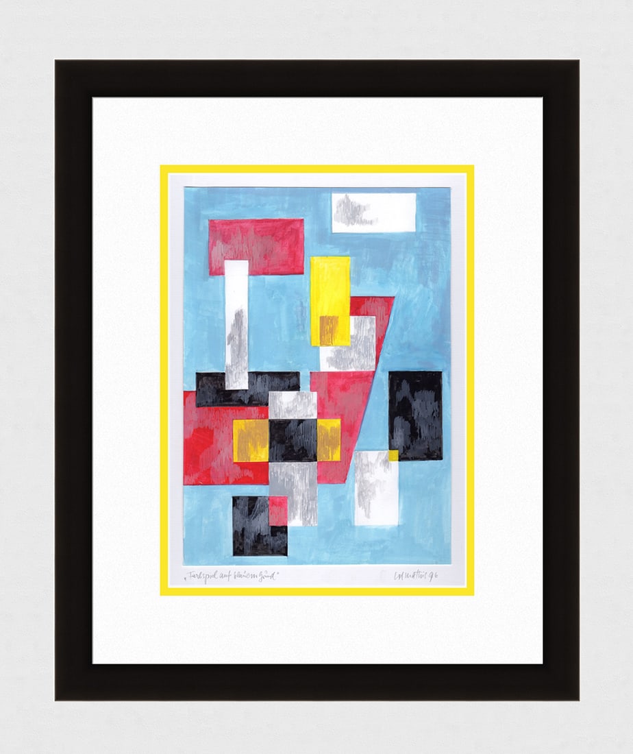 Mathis Original Gouache Variations Framed Swiss: Josef Johann Mathis (Joe Mathis, 1913 - 2002; Swiss). Color Variations on Blue (Farbspiel auf blauem Grund). Original Mixed Media Gouache on paper. Year: 1996. Hand signed and dated in pencil, lower r