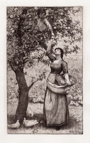 Thomas Riley 1882 etching Gathering Apples signed