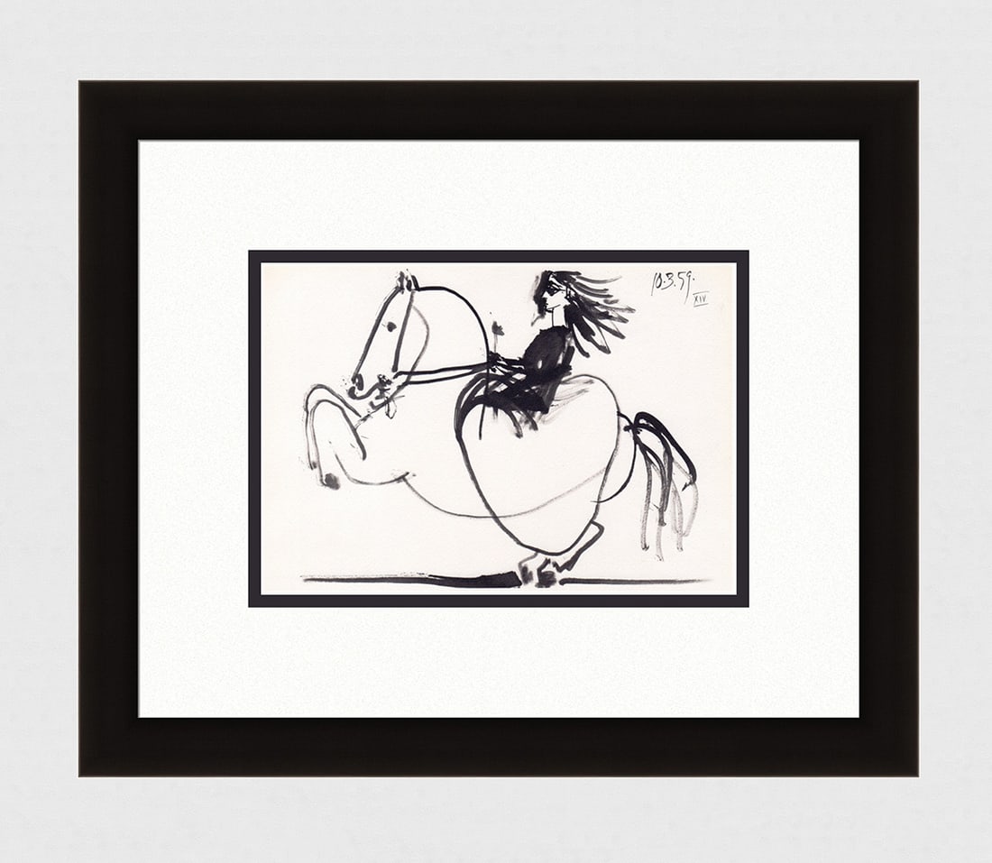 1961 Pablo Picasso Mourlot Lithograph "Woman on a Horse" GALLERY FRAMED: Pablo Picasso (1881 - 1973). Woman on Horse (Jacqueline). 1961 Color offset lithograph, on Arches paper, after the original sketch. Atelier Mourlot. Dated in the plate, upper right. Editions Cercle d'