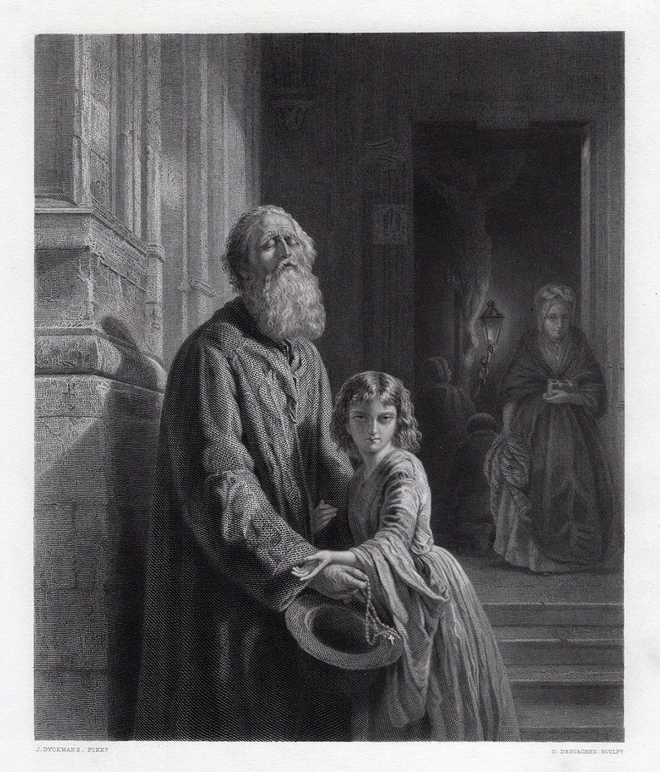 Joseph Lawrens DYCKMANS 1800s Engraving The Blind Beggar FRAMED Signed: Joseph Lawrens Dyckmans (Belgian, 1811-1888). The Blind Beggar. Antique engraving on wove paper after the original by master engraver David Joseph Desvachez (French, 1822-1902). Year: 1864. Signed in
