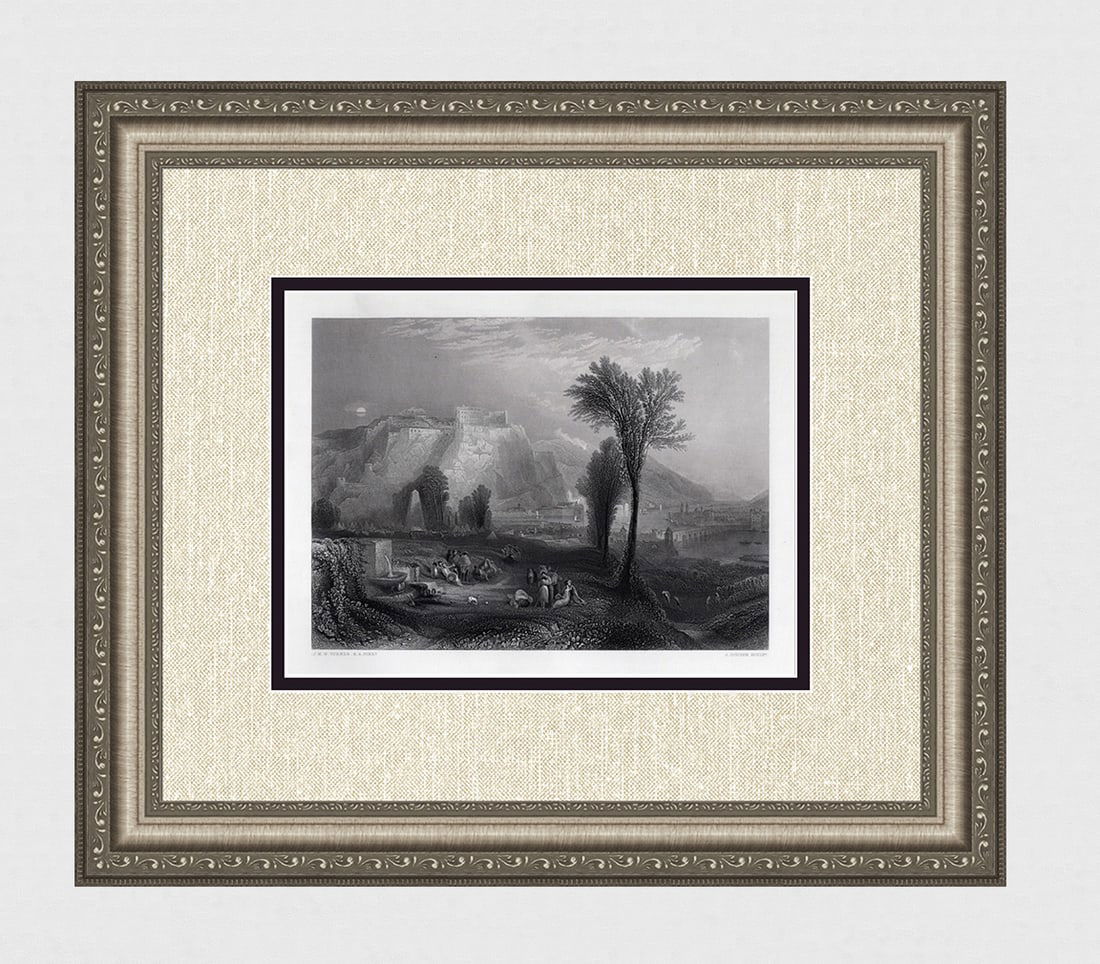 TURNER 1800s Engraving Bright Stone of Honor & Tomb of Marceau FRAMED SIGNED: Joseph Mallord William Turner (English, 1775-1851). Ehrenbreitstein. Antique engraving on wove paper after the original by master engraver John Cousen (British,1804-1880). Year: 1862. Signed in the pl