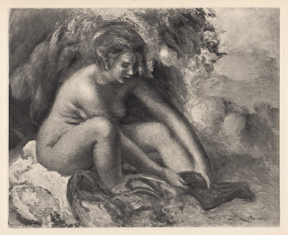 Pierre Auguste RENOIR 1919 Engraving Nude putting on her Shoes SIGNED FRAMED: Pierre Auguste Renoir (1841 - 1919). Femme Nue se Chaussant (Naked Woman putting on her Shoes). Antique copper plate heliogravure engraving on beau papier teinte hand pulled by Emile Fequet in Paris o
