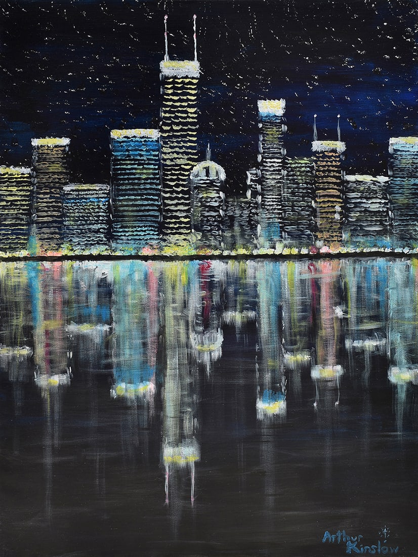 Arthur Kinslow Orginal Painting Reflections Cityscape 30 x 40 Inches Signed: Arthur Kinslow ( American, 1955 - ) Cityscape IV. Original Acrylic on Canvas.Signed by the artist lower right. Canvas Size 30 x 40 inches. Arthur Kinslow has been involved in art his entire life and b