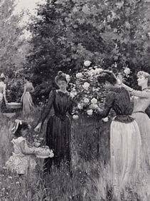 Albert Louis Aublet 1800s Antique Print Gathering Roses Framed