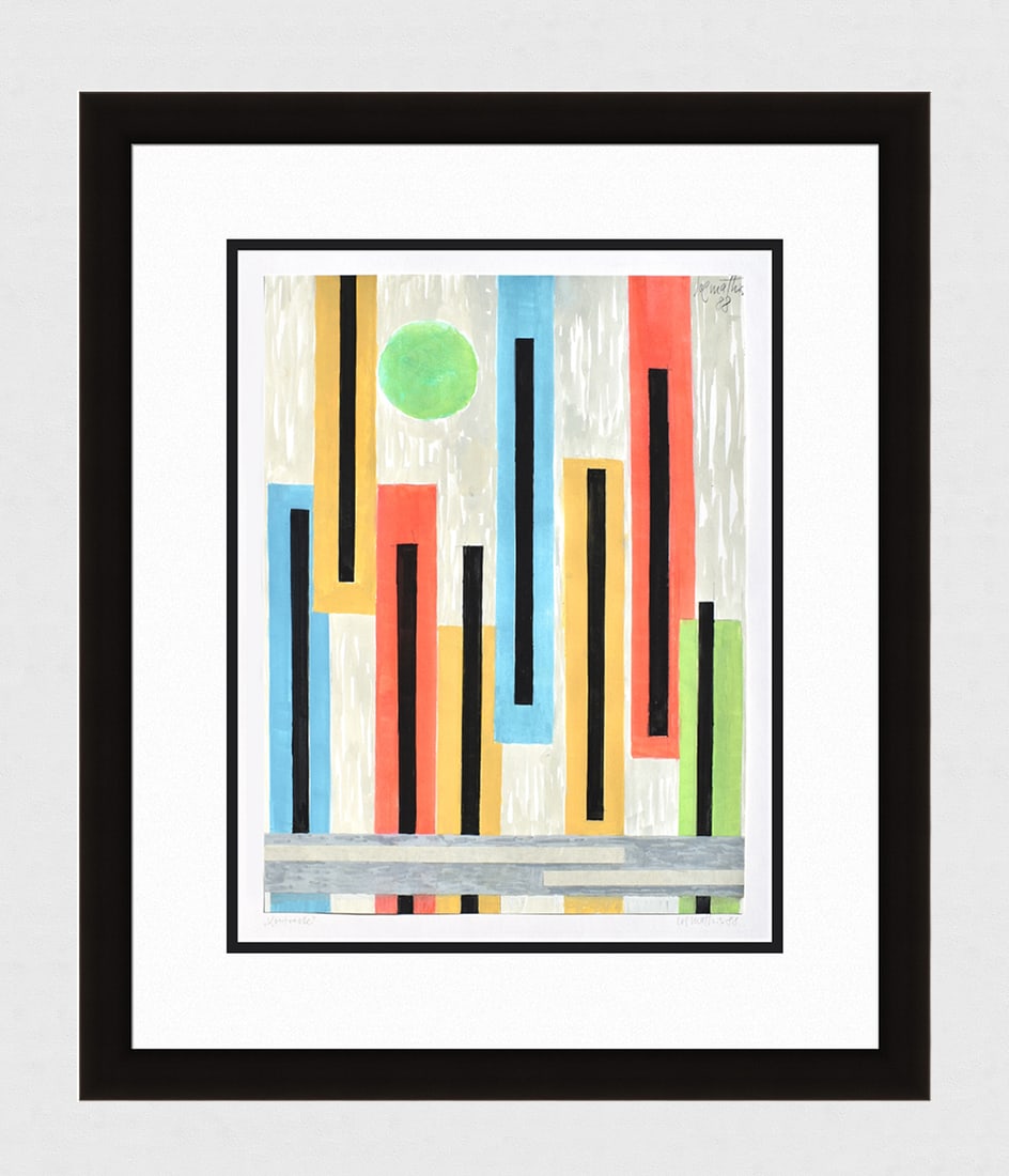 Mathis Original Gouache Contrasts Framed Swiss: Josef Johann Mathis (Joe Mathis, 1913 - 2002; Swiss). Contrasts (Kontraste). Original Mixed Media Gouache on paper. Year: 1988. Hand signed and dated in pencil, lower right. Titled in pencil, lower le