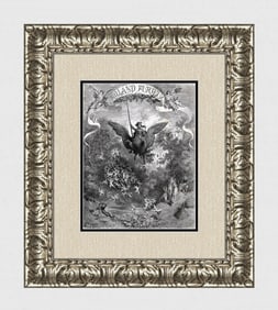 1800s DORE Orlando Furioso Woodcut Orlando Riding Hippogryph FRAMED Signed