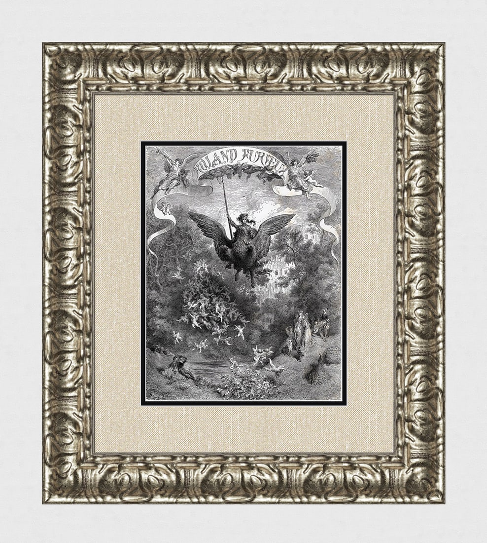 1800s DORE Orlando Furioso Woodcut Orlando Riding Hippogryph FRAMED Signed: Gustave Dore (Paul Gustave Louis Christophe Dore )(French, 1832-1883). A Knight on the hippogryph's (From Orlando Furioso). Antique woodcut on wove paper after the original Illustration by master wood