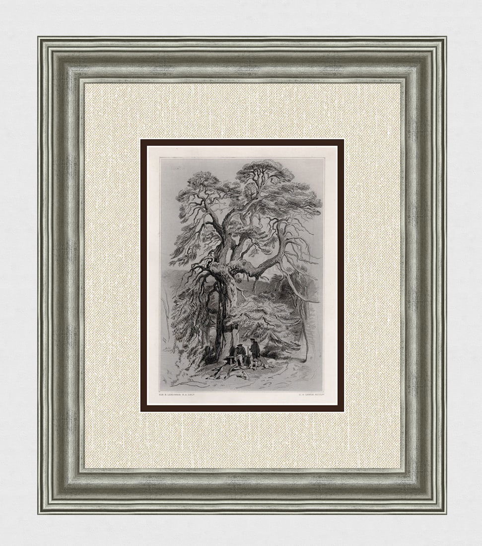 HENRI LANDSEER 1800s Engraving Under the Old fir Tree SIGNED FRAMED: Sir Henry Edward Landseer (English, 1802-1873. Under the Old Fir Tree. Antique engraving on wove paper after the original by master engraver Charles George Lewis (British, 1808-1880).Year: 1877. Signe