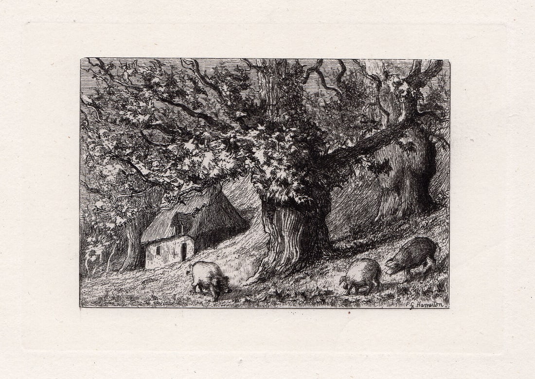 1874 Philip Gilbert Hamerton Ancient Chestnuts etching signed: Philip Gilbert Hamerton. (English, 1834-1894). Ancient Chestnuts. Original Etching on laid paper. 1874. Signed in the plate, lower right. Excellent. Image Size 4 x 5 7/8 inches. Approximately 13 x 15