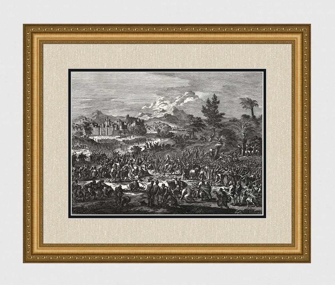 1747 Monumental Engraving Jan Luyken Jesus Enters Jerusalem Framed: Jan Luyken (Dutch, 1649 - 1712). Jesus Christ Enters Jerusalem on a Donkey. Antique engraving on laid paper. Year: 1747. Publisher: Frans Houtteyn. Reference: Hollstein / Dutch and Flemish etchings, e
