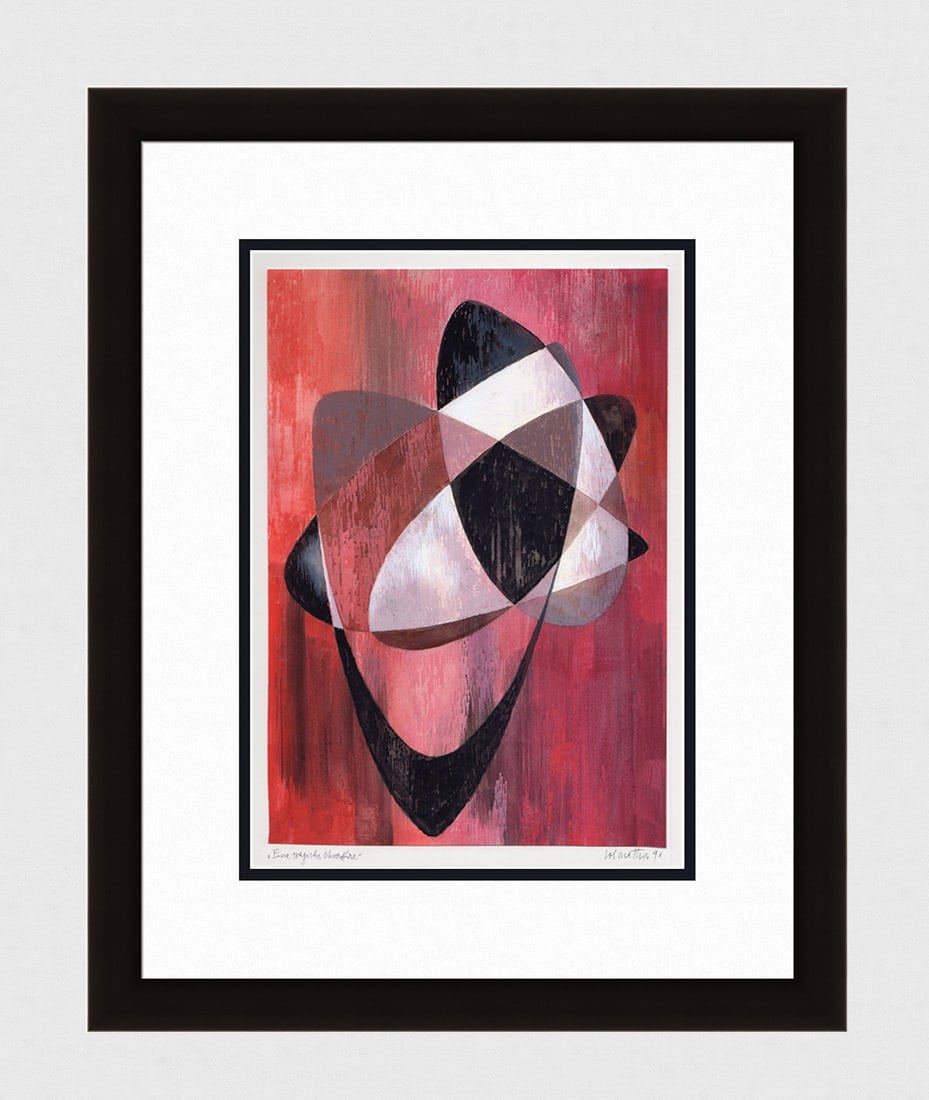 Mathis Original Gouache Overture in Red Abstract Framed Swiss Signed: Josef Johann Mathis (Joe Mathis, 1913 - 2002; Swiss). A Tragic Overture (Eine tragische Ouvertuere). Original Mixed Media Gouache on paper. Year: 1990. Hand signed and dated in pencil, lower right. Ti