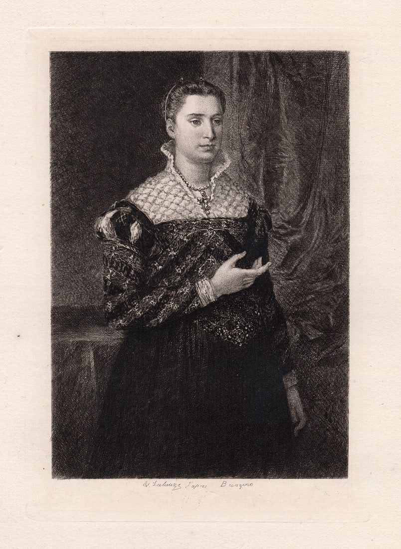 Bronzino Portrait of a Lady 1876 etching: Bronzino. (Agnolo Bronzino, born Agnolo di Cosimo but most commonly refered to as Bronzino). "Portrait of a Lady". Copper plate etching on thick laid paper after the original by master etcher Adolphe