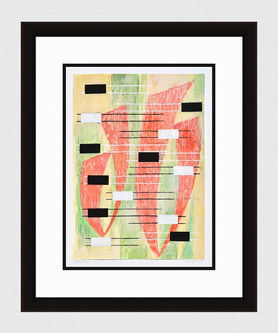 Mathis Original Gouache Opposites Framed Swiss: Josef Johann Mathis (Joe Mathis, 1913 - 2002; Swiss). Opposites (Gegensaetze). Original Mixed Media Gouache on paper. Year: 1988. Hand signed and dated in pencil, lower right. Titled in pencil, lower