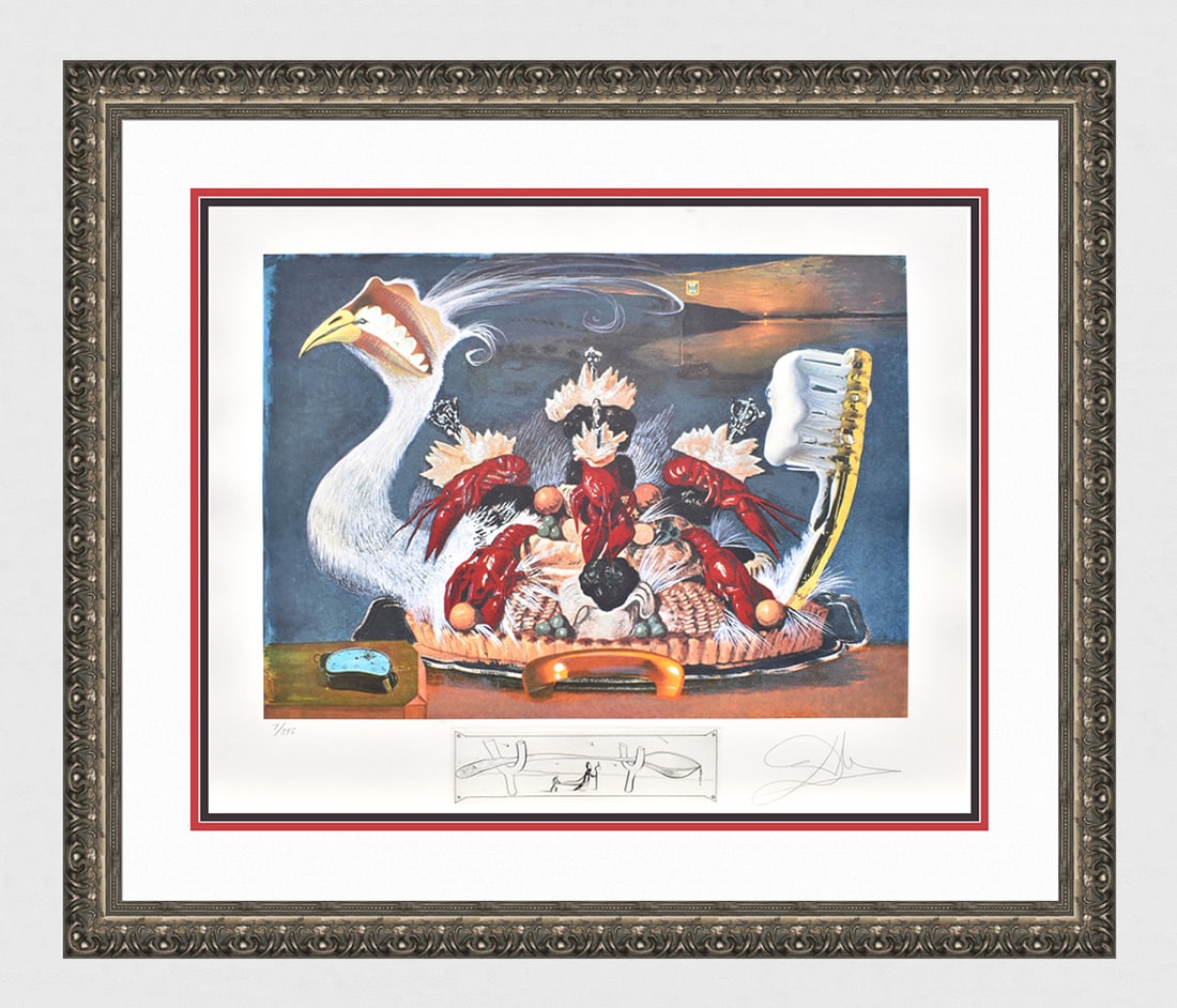 Salvador Dali Lithograph Diners of Gala Signed Numbered Limited Framed: Salvador Dali. Les Montres Molles Demi Sommeil (Soft Watches Half Asleep)(From Les Diners de Gala). Offset Lithograph in colors with Original Etched Remarque (Spoon on Crutches) lower center, on water