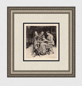 Spinning Wheel Charles Mertens 1800s Etching Original Signed