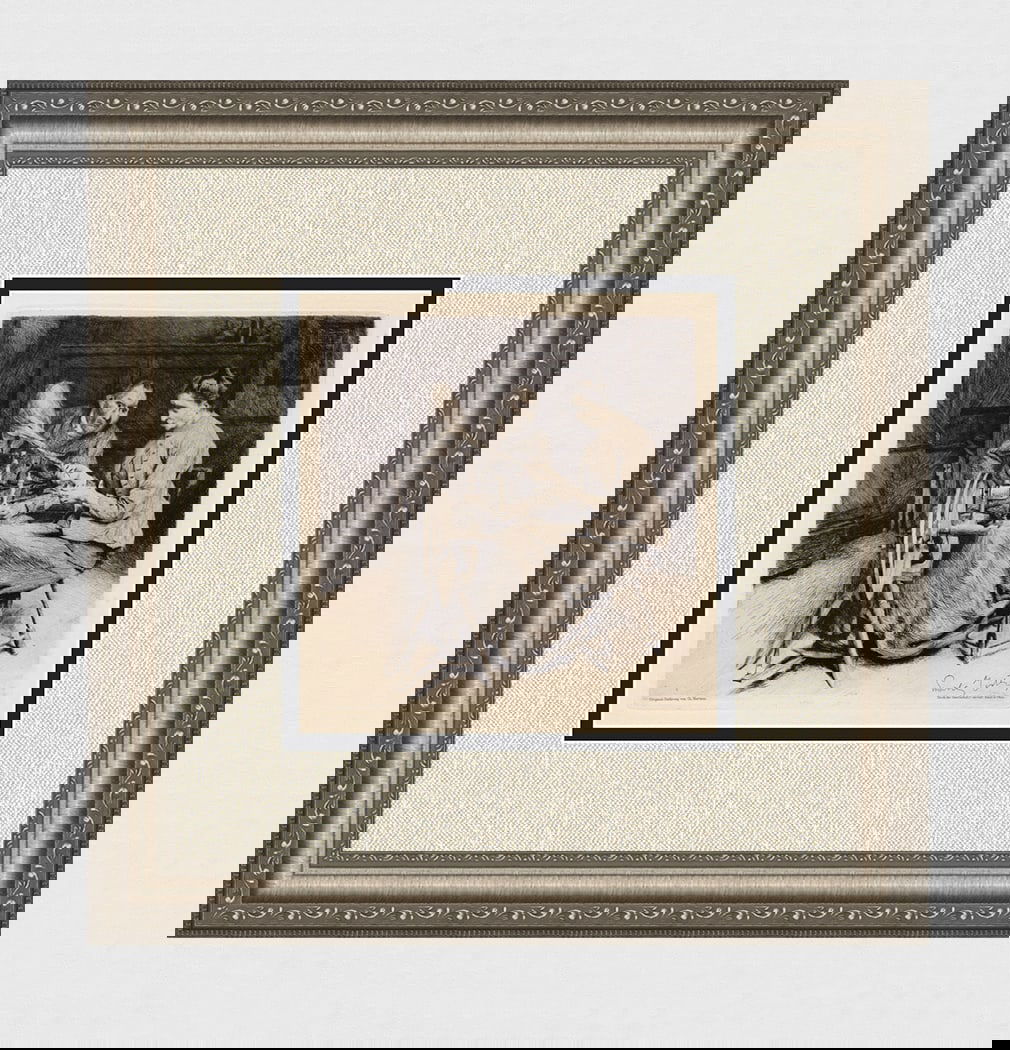 Spinning Wheel Charles Mertens 1800s Etching Original Signed: Charles Mertens (Belgian, 1865 - 1919). The Spinning Wheel. Original etching on wove paper. Signed in the plate, lower right. Year: 1892. Image size 8 1/8 x 8 1/2 inches. Framed dimensions: Approximat