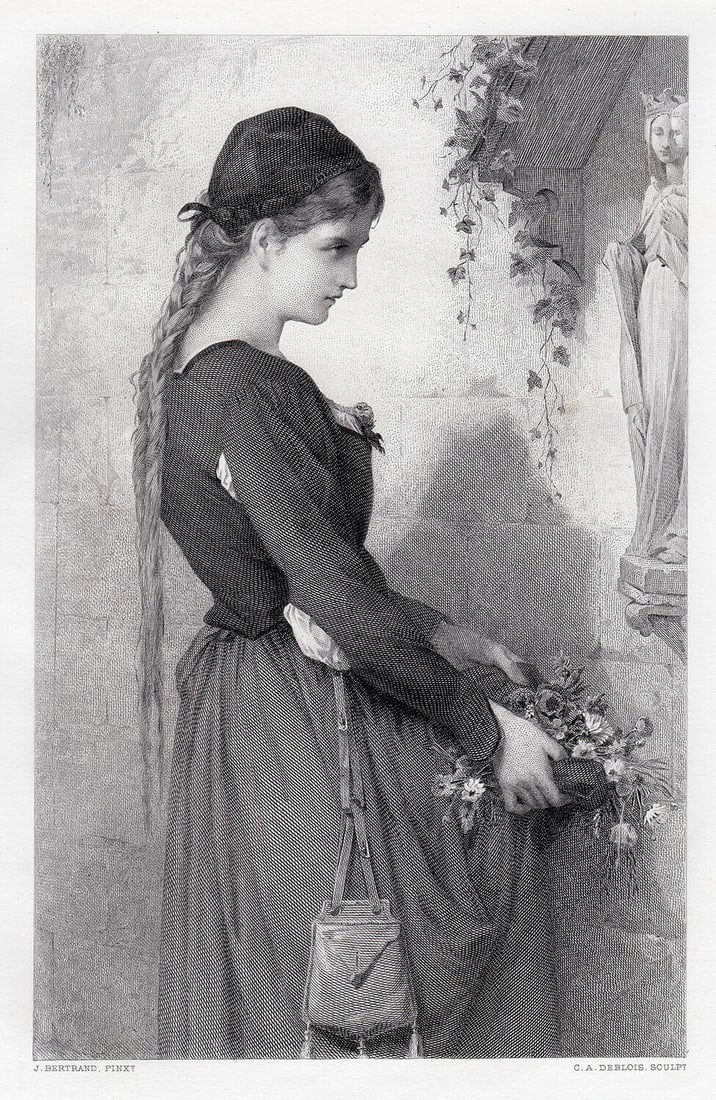 Jean-Baptiste Bertrand (French, 1823 - 1887) Marguerite 1876 engraving: Jean-Baptiste Bertrand (French, 1823 - 1887). Marguerite. Antique Steel Engraving on wove paper after the original by Master Engraver. 1876. Excellent. Image Size 6 7/8 x 11 inches. Approximately 16 x