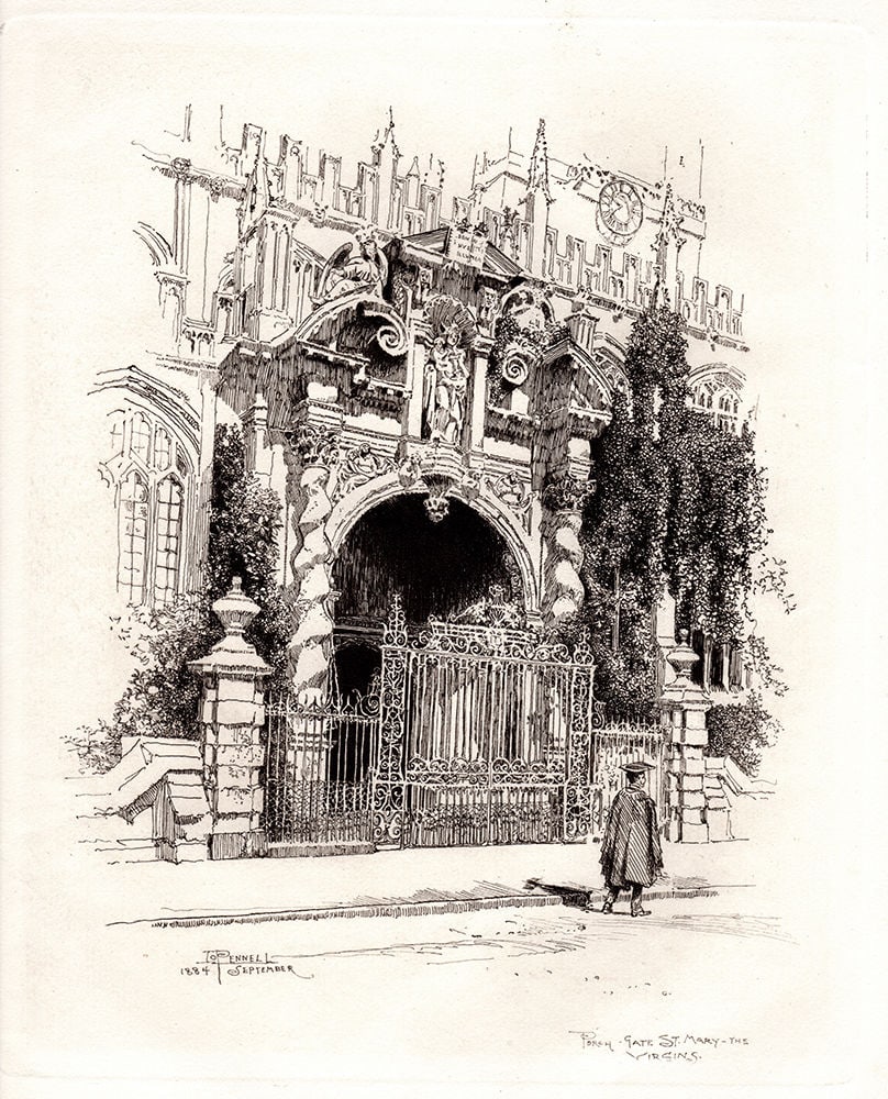 Joseph Pennell Porch of St. Mary the Virgin, Oxford 1885 etching: Joseph Pennell (American, 1857-1926). Porch of St. Mary the Virgin, Oxford. Hand Pulled copper plate etching on laid paper. 1885. Signed in the plate lower right. Excellent. Image Size 7 1/4 x 9 inche