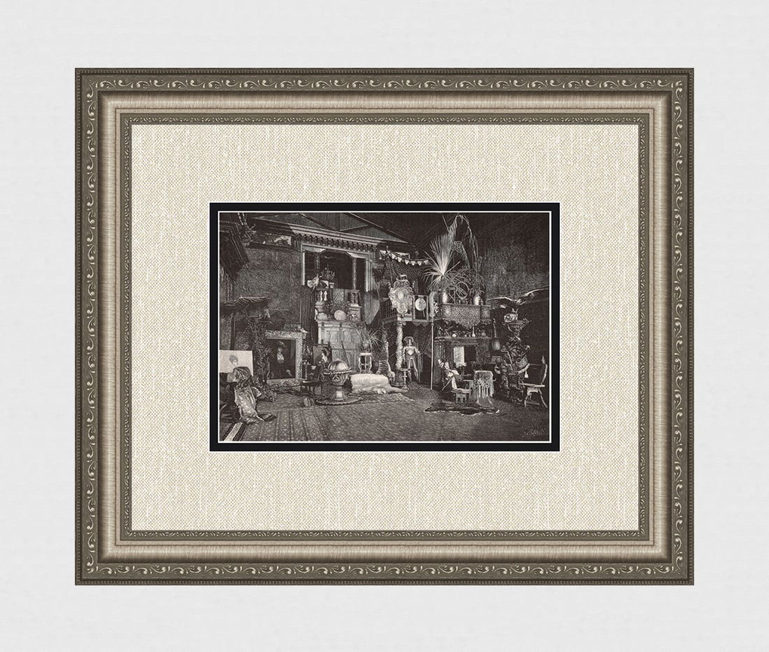 1800s Antique Print Hans Makart In Makart's Large Studio Signed Framed: Hans Makart (Austrian, 1840-1884).Makarts atelier, 1875 (Makarts Studio 1875).Antique heliogravure on wove paper after the original by a master wood engraver J.C. Sriffilhs (19th Century).Year: c. 188