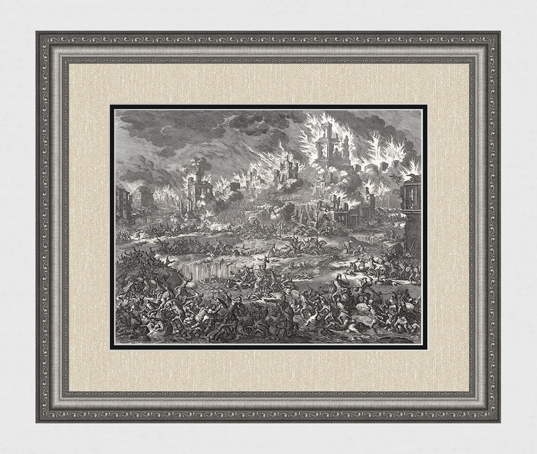 1747 Monumental Engraving Jan Luyken Destruction of the Temple in Jerusalem Framed: Jan Luyken (Dutch, 1649 - 1712). The Destruction of the Temple in Jerusalem. Antique engraving on laid paper. Year: 1747. Publisher: Frans Houtteyn. Reference: Hollstein / Dutch and Flemish etchings,