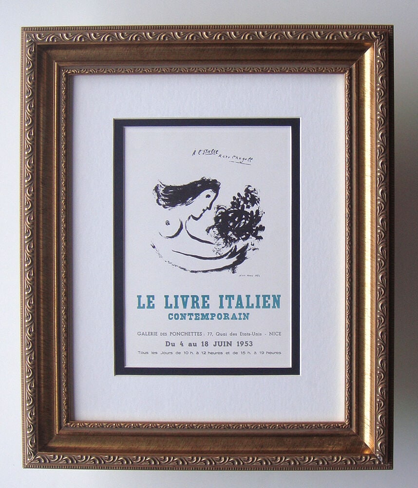 Marc Chagall Le Livre Italien Contemporain 1959 lithograph: Marc Chagall. (1887-1985). Le Livre Italien Contemporain. Color Lithograph after the Original Poster. 1959. Signed in the plate. Excellent. Sauret. Atelier Mourlot. Image Size 6 3/4 x 9 3/4 inches. Ap