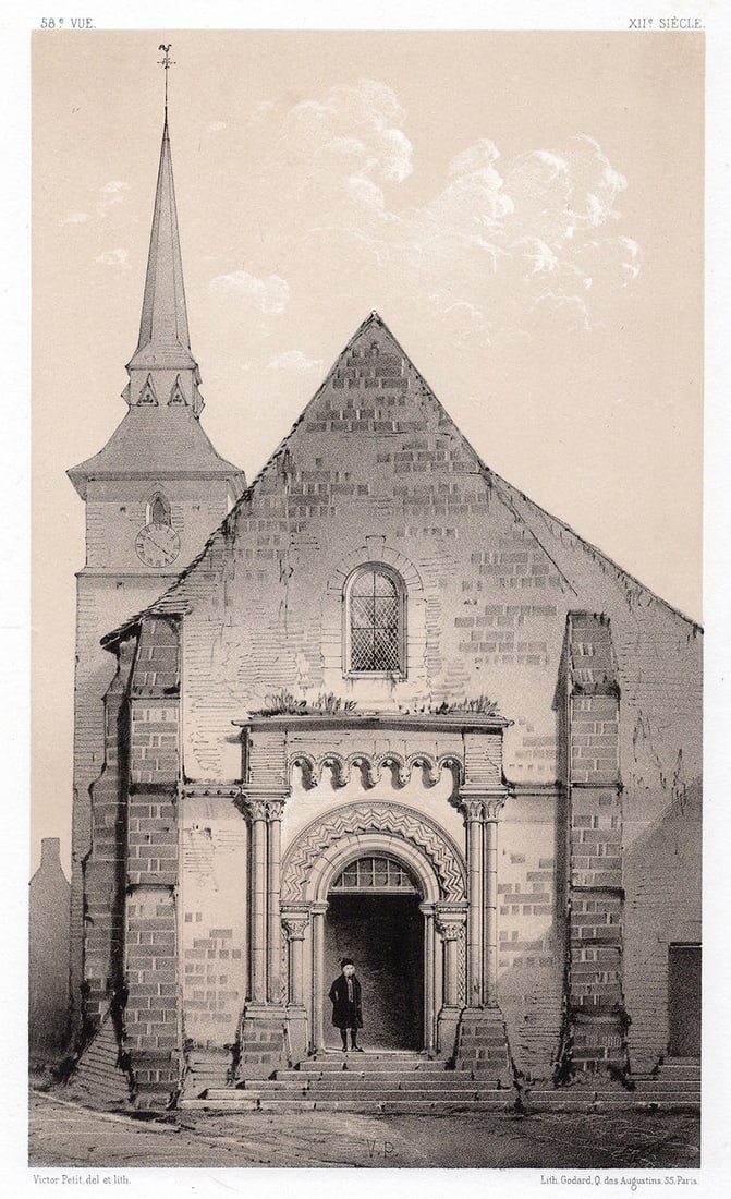 V. Petit 1800s Original Lithograph Eglise De Requeil Sarthe FRAMED SIGNED: Victor Petit (1817-1871). Eglise De Requeil, Sarthe (St. Peter's Church in Requeil). Original tinted lithograph on strong vellum paper. Year: 1860. Signed in the plate. Published by A Godard Paris. Im