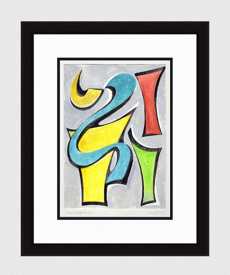 Mathis Original Gouache Emphasis Framed Swiss: Josef Johann Mathis (Joe Mathis, 1913 - 2002; Swiss). Emphasized colored Forms (Betonte farbige Formen). Original Mixed Media Gouache on paper. Year: 1996. Hand signed and dated in pencil, lower right