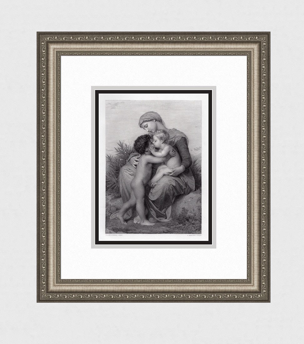 William-Adolphe Bouguereau (French, 1825-1905) Fraternal Love engraving signed: William-Adolphe Bouguereau (French, 1825-1905). Fraternal Love. Antique Steel Engraving on wove paper after the original oil on canvas by master engraver Gustave Nicolas Bertinot (1851-1855). 1876. Si