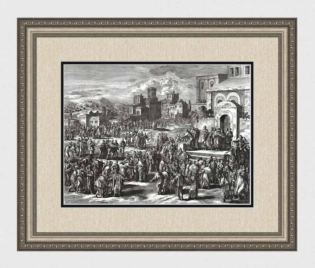 1747 Monumental Engraving Jan Luyken Sermon of Saint Peter on Pentecost Day Framed: Jan Luyken (Dutch, 1649 - 1712). Sermon of Saint Peter on Pentecost Day. Antique engraving on laid paper. Year: 1747. Publisher: Frans Houtteyn. Reference: Hollstein / Dutch and Flemish etchings, engr