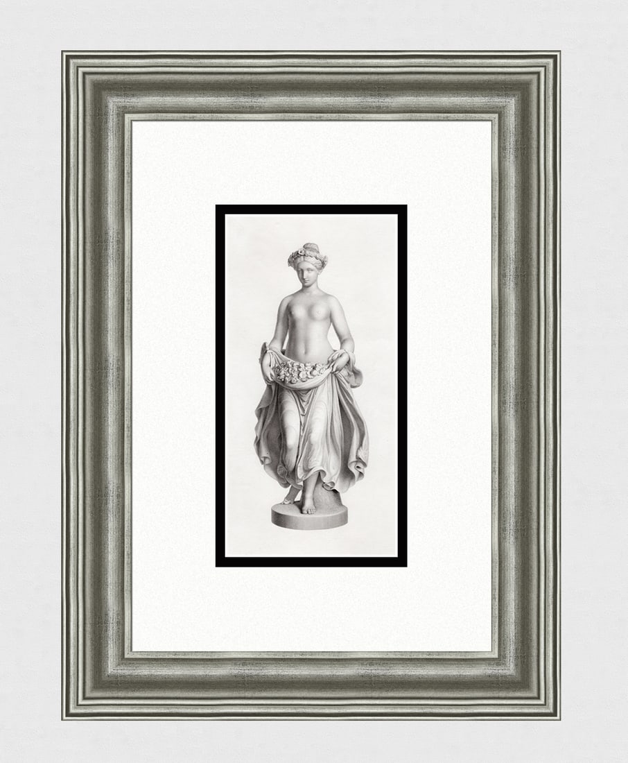 1800s Pietro Tenerani Antique Engraving The Floral Wreath Framed: Pietro Tenerani (Italian, 1798 - 1869). Flora. Antique engraving on wove paper after the original by master engraver Richard Austin Artlett (British, 1807-1873). Year: 1857. Image Size - 3 1/4 x 8 inc