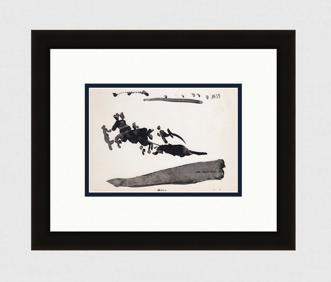 PABLO PICASSO 1961 Vintage Lithograph Bullfighting Scene FRAMED: Pablo Picasso (1881 - 1973). Bullfighting Scene III (Escena Taurina). Black and white offset lithograph, on Arches paper, after the original sketch. Atelier: Mourlot. Year: 1961. Signature/Dated: Date