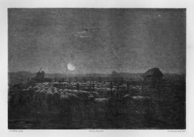 Jean-Francois MILLET SIGNED 1800s Antique Print Sheepfold, Moonlight FRAMED