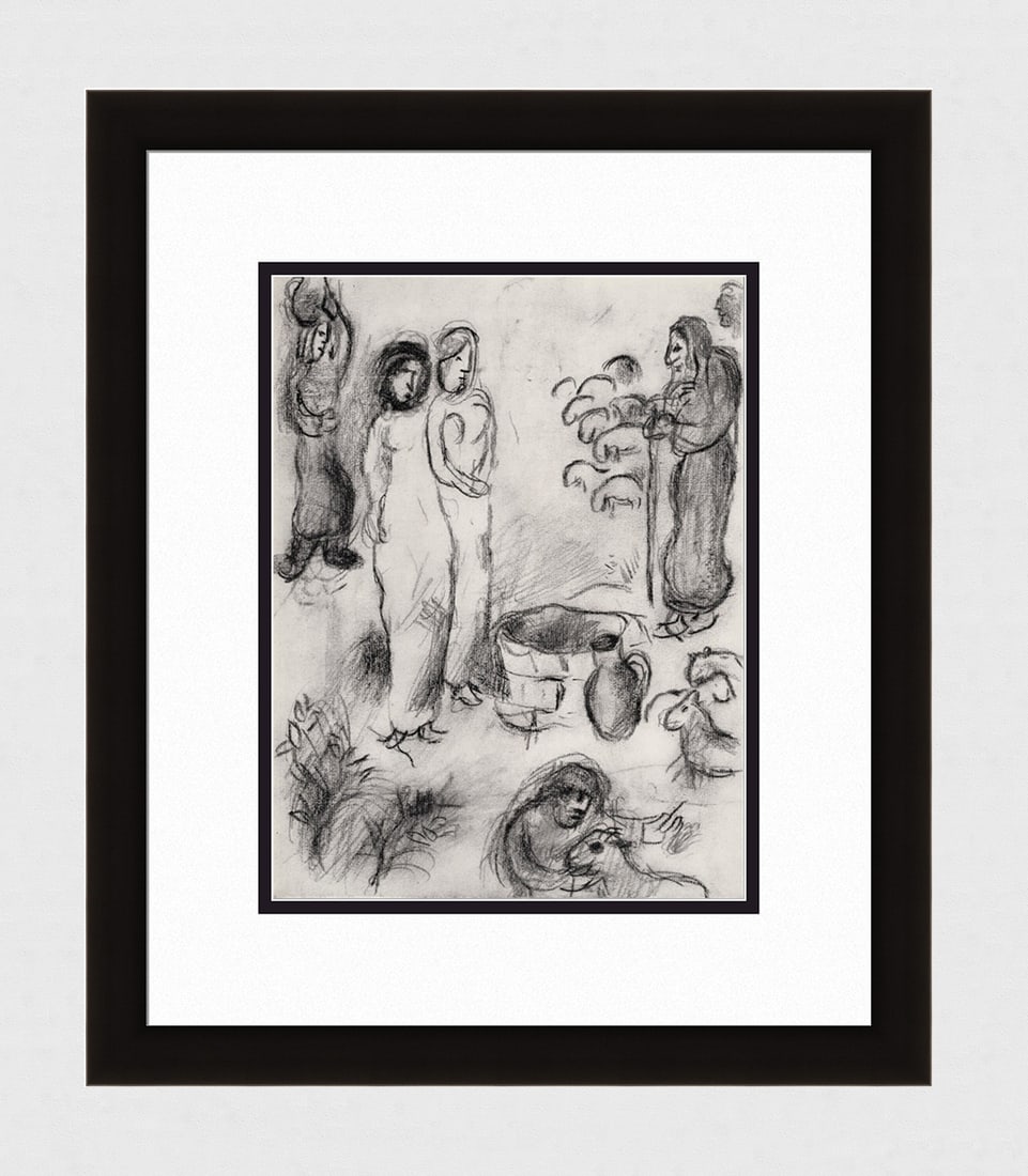 MARC CHAGALL 1960 Antique Religious Print Laban, Leah and Rachel FRAMED: Marc Chagall (1887-1985). The two daughters of Leban. Antique black and white heliogravure on wove paper. Year: 1960. Teriade. Draeger Freres. Limited to 6500 Examples. Image size 9 5/8 x 12 1/2 inche