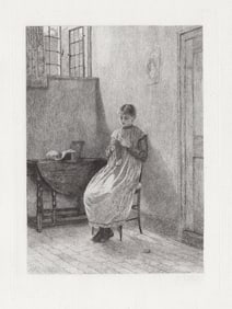 1882 Helen ALLINGHAM Etching "Meditating Young Knitter"