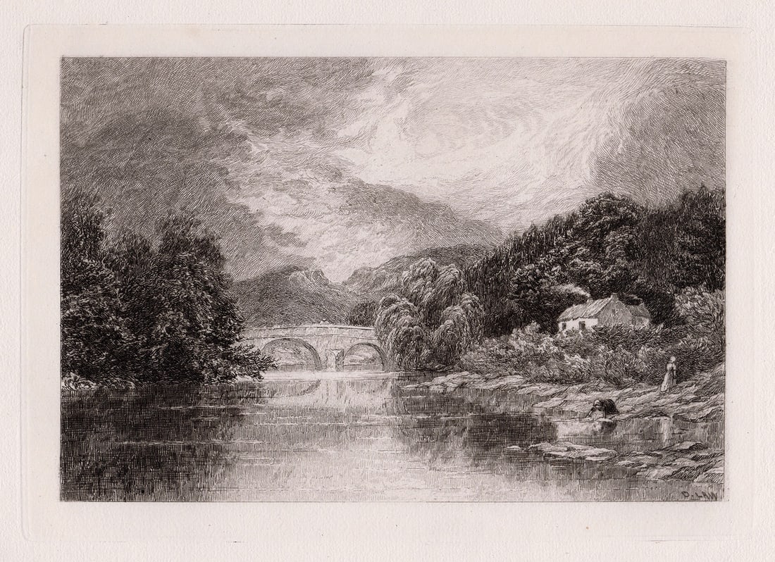 1880 David Law Callander etching signed: David Law. (Scottish, 1831-1901). Callander. Antique etching on thick laid paper. 1880. Signed in the plate, lower right. Excellent. Image Size 6 5/8 x 9 7/8 inches. Approximately 16 x 19 inches. This