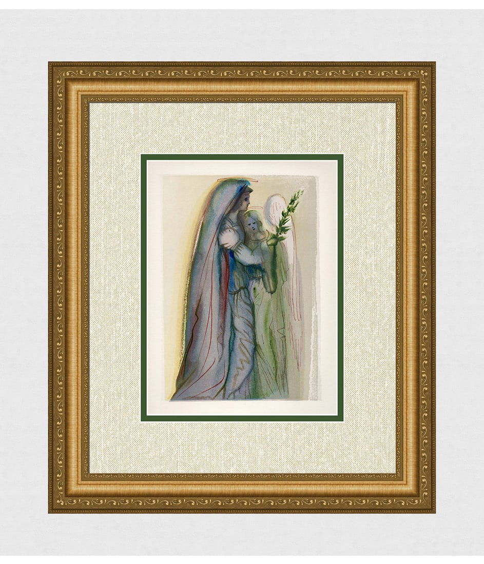 1960 Salvador Dali Final Prayer Woodcut: Salvador Dali. (1904-1989). "Preparation for the Final Prayer" Paradise Canto 32. Authentic Original Color Woodcut from The Divine Comedy Printed in 1960 on B.F.K. Rives Paper ( this is not a reproduc