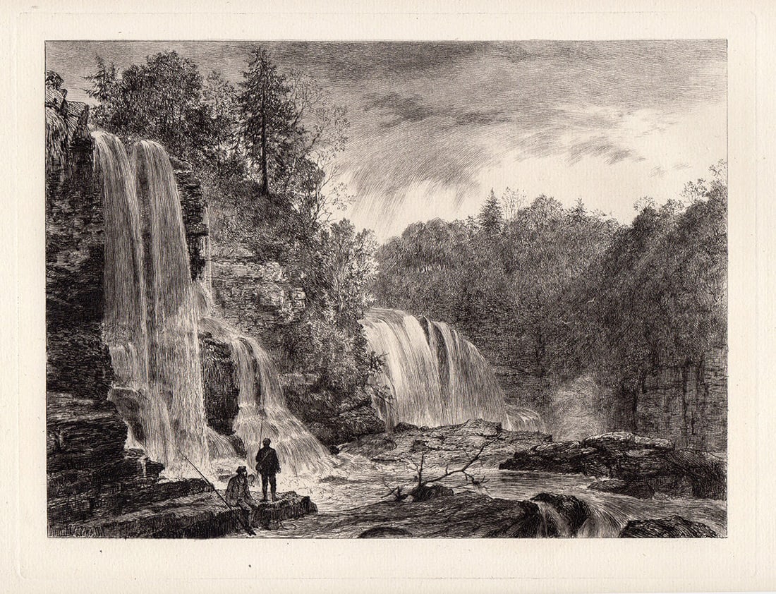 Charles Oliver Murray (Scottish,1842-1923) | "The Falls of Clyde at Bonnington": Charles Oliver Murray (Scottish,1842-1923). "The Falls of Clyde at Bonnington". Hand Pulled copper plate etching on laid paper. 1883. image size 7 7/8 x 10 1/4 inches. Approximately 16 x 18 inches. Th