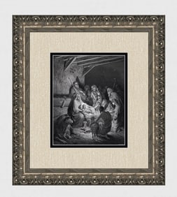 Gustave Dore 1800s Biblical Woodcut THE BIRTH OF JESUS Framed Signed