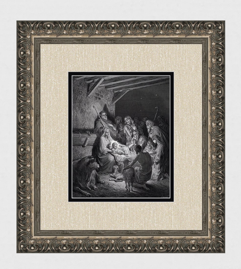 Gustave Dore 1800s Biblical Woodcut THE BIRTH OF JESUS Framed Signed: Gustave Dore (Paul Gustave Louis Christophe Dore) (French, 1832-1883). The Nativity (from Dore's Bible). Antique woodcut wove paper after the original by a master wood engraver Adolphe Francois Pannem