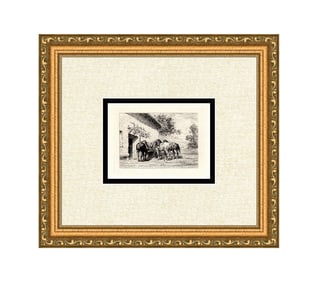 1871 Jules Jacques Veyrassat Horses at the Watering Hole etching signed