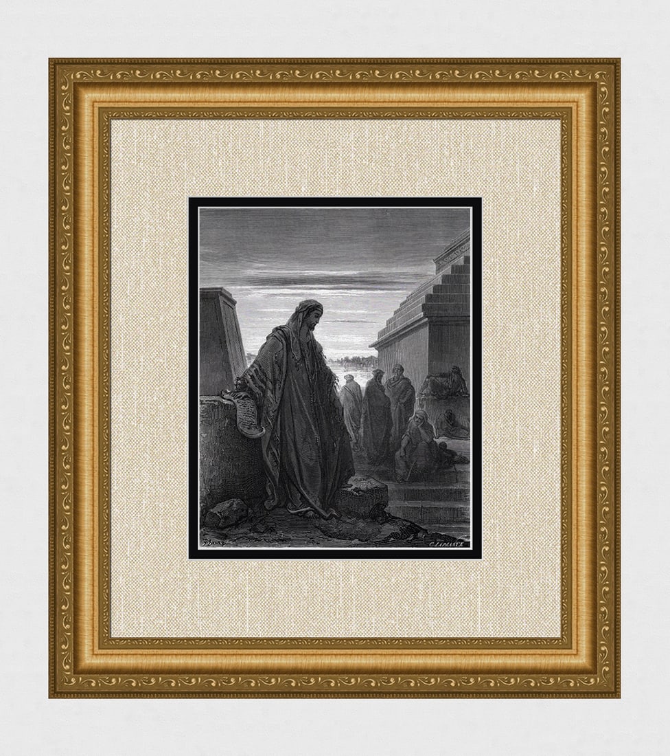 1800s GUSTAVE DORE Religious Woodcut Daniel Interprets the Dream Framed Signed: Gustave Dore (Paul Gustave Louis Christophe Dore) (French, 1832-1883). Daniel (From Dore's Bible). Antique woodcut wove paper after the original by a master wood engraver Charles Laplante (French, 183