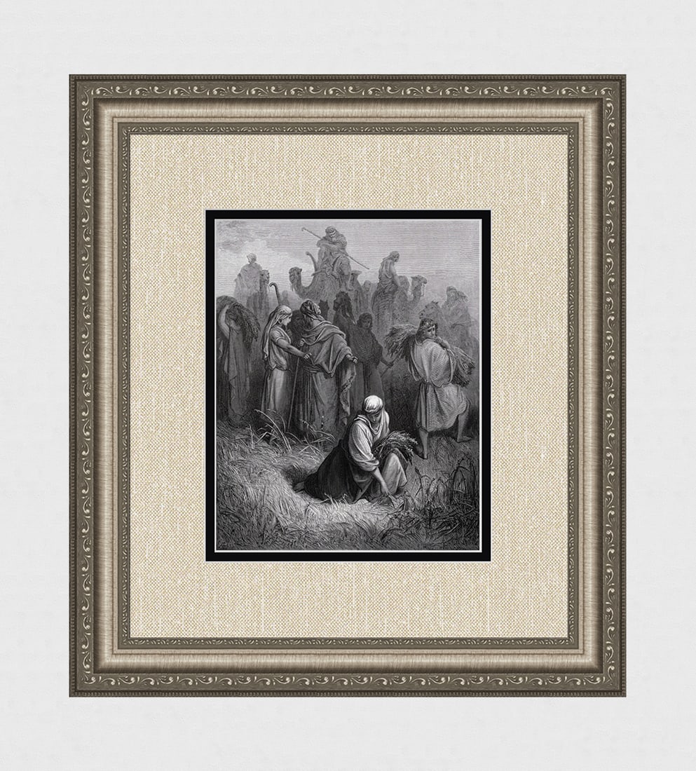 1800s GUSTAVE DORE Religious Woodcut BOAZ & RUTH Framed SIGNED: Gustave Dore (Paul Gustave Louis Christophe Dore) (French, 1832-1883). Boaz and Ruth (From Dore's Bible). Antique woodcut wove paper after the original by a master wood engravers. Adolphe Francois Pan