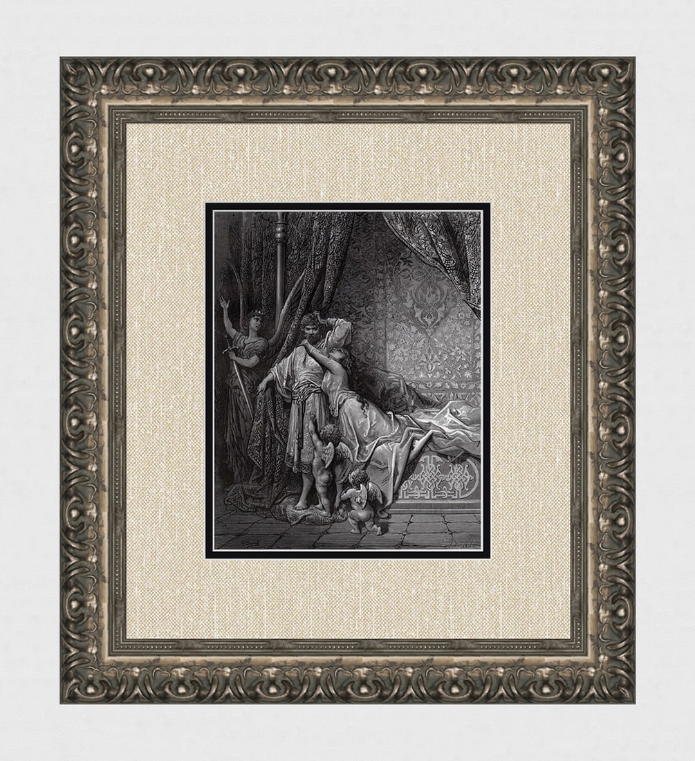 Gustave Dore 1800s Woodcut He Shouts for his Weapons Signed Framed: Gustave Dore (Paul Gustave Louis Christophe Dore )(French, 1832-1883). He jumps out of bed and shouts for his weapons (Orlando Furioso 30:45). Antique woodcut on wove paper after the original Illustra