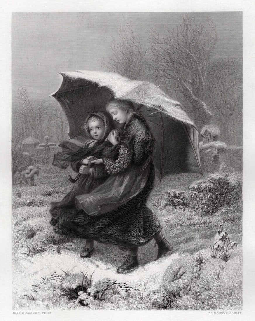 Emily Mary Osborn 1800s Engraving Snowy Weather Framed Signed: Emily Mary Osborn (British, 1828-1925). God's Acre. Antique engraving on wove paper after the original master engraver by Herbert Bourne (British, c. 1825-1907). Year: 1868. Signed in the plate. Dimen