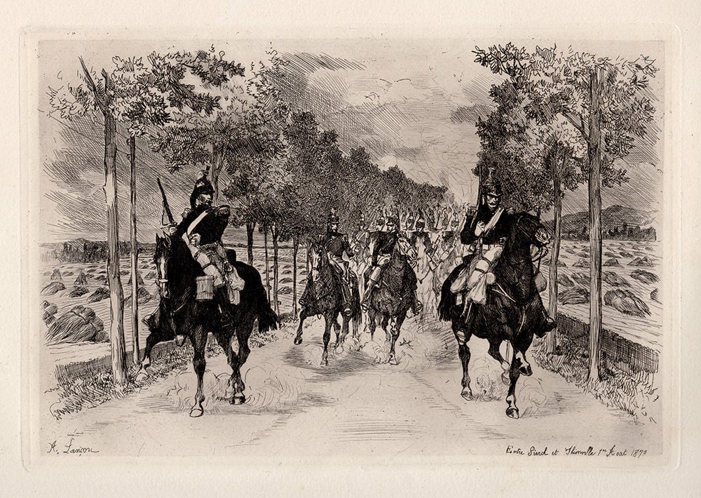 Auguste Andre Lancon Cavalry etching signed: Auguste Andre Lancon. (French, 1836-1887). Cavalry. Copper plate etching on laid paper. 1876. Signed in the plate. Excellent. Image Size 6 1/4 x 9 1/2 inches. Approximately 15 x 19 inches. This piece