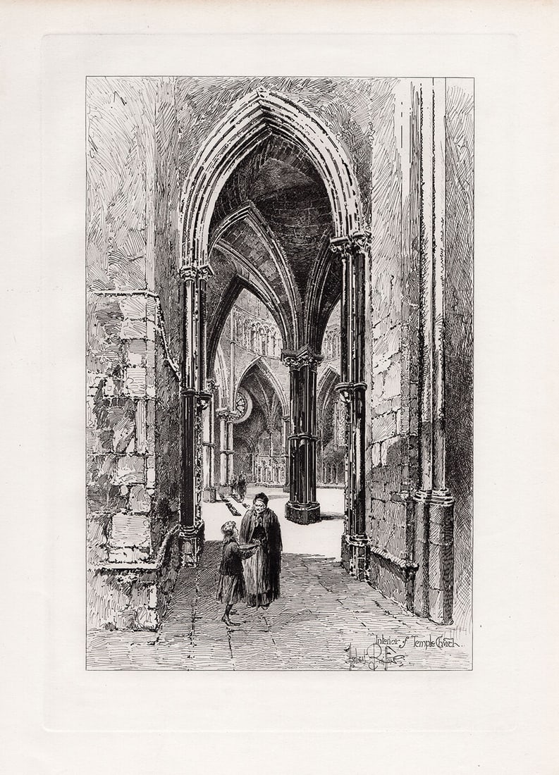 Herbert Railton Interior of the Temple Church 1892 Etching Signed: Herbert Railton. Interior of the Temple Church. Hand pulled copper plate etching on wove paper. 1892. Signed in the plate lower right. Image Size 7 7/8 x 11 5/8 inches. Framed dimensions: Approximatel