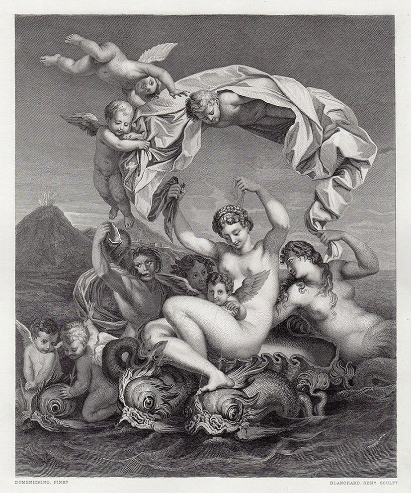 1875 Domenichino Triumph of Galatea engraving signed: Domenichino. (Domenico Zampieri, known as Domenichino for his shortness) (Italian, 1581 - 1641). Triumph of Galatea. Antique Steel Engraving on wove paper after the original by master engraver Auguste